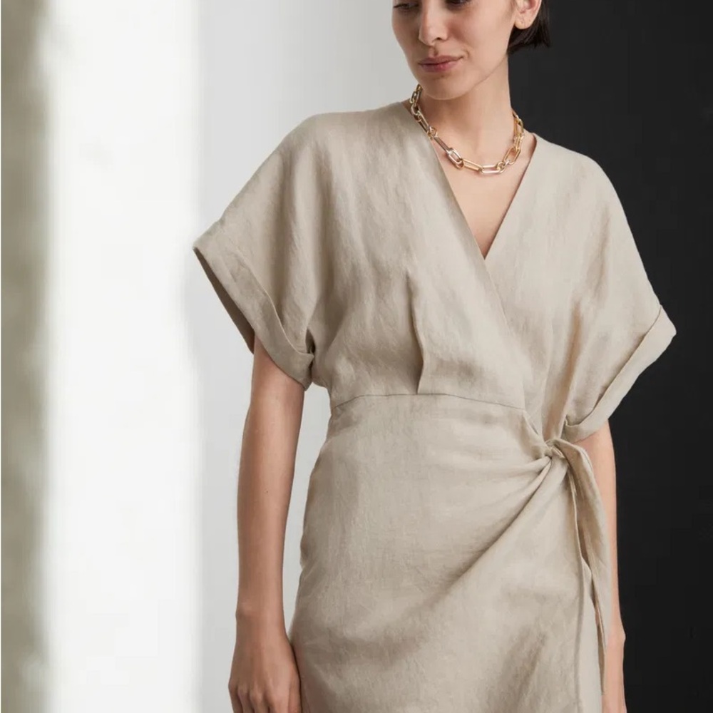 & Other Stories Tan Sheath Dress V-Neck Mini